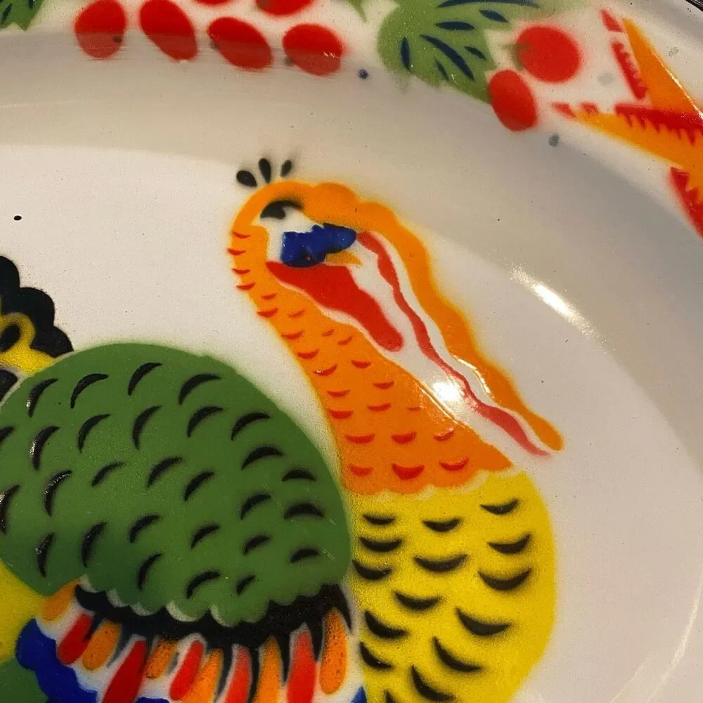 Vintage Large Enamelware Turkey Oval Platter Hand Painted Thanksgiving Decor 17.